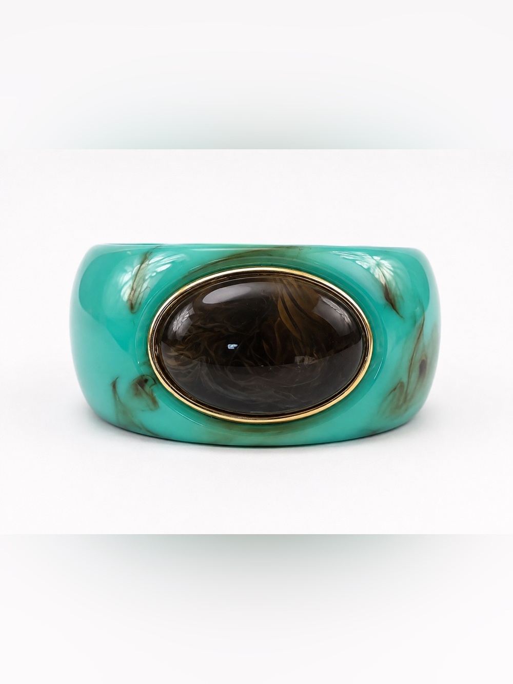 Brand New Turquoise Marbled Statement Bangle Bracelet Brown Cabochon Gold Tone